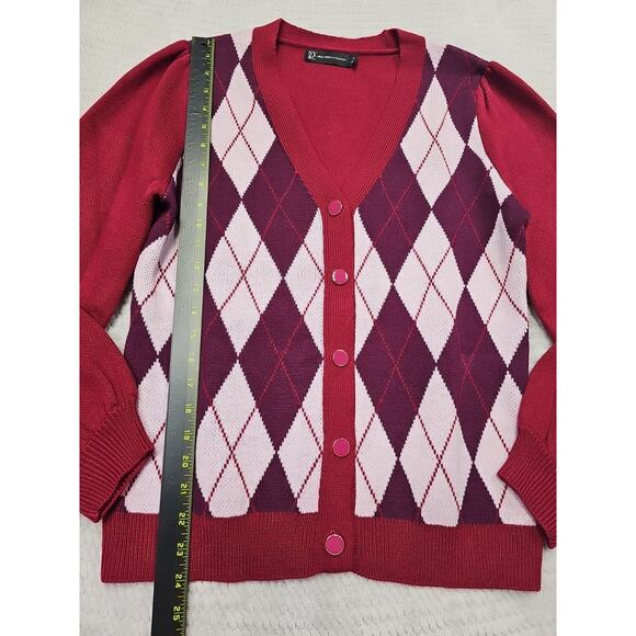 New York & Company Sweater Womens Medium Argyle Cardigan Balloon Sleeve Vneck - Picture 2 of 7